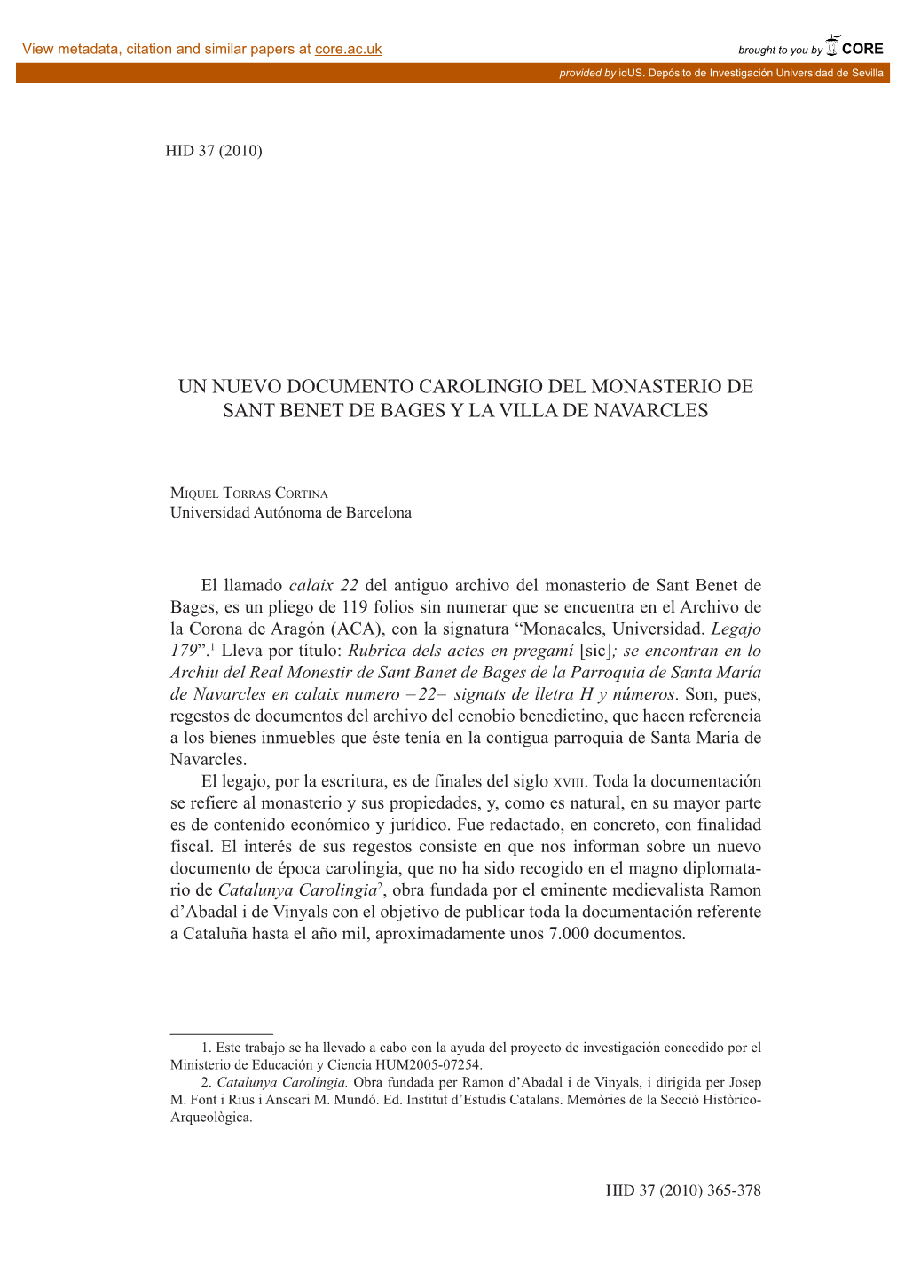 Un Nuevo Documento Carolingio Del Monasterio De Sant Benet De Bages Y La Villa De Navarcles 365 Hid 37 (2010)