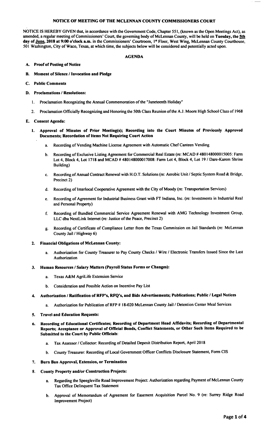 G. Recording of Certificate of Compliance Letter from the Texas Commission on Jail Standards ( Re: Mclennan County Jail/ Highway 6)