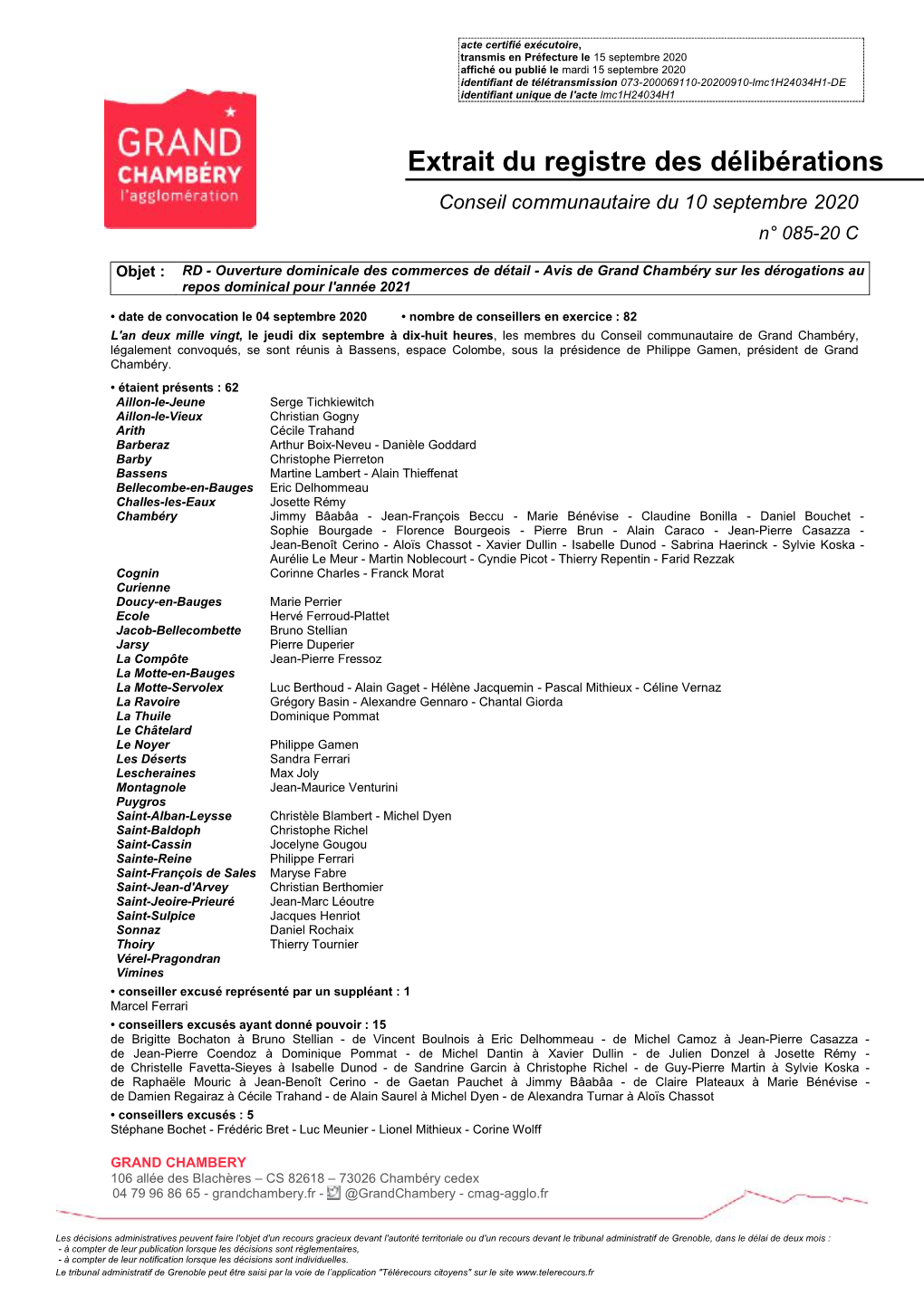 Extrait Du Registre Des Délibérations Conseil Communautaire Du 10 Septembre 2020 N° 085-20 C