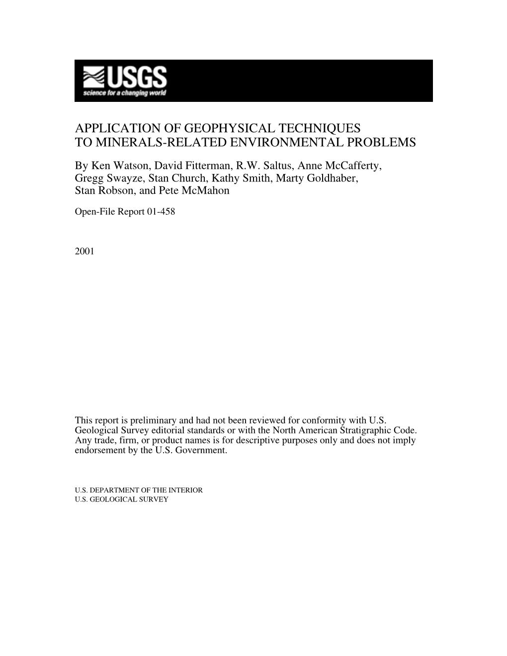 APPLICATION of GEOPHYSICAL TECHNIQUES to MINERALS-RELATED ENVIRONMENTAL PROBLEMS by Ken Watson, David Fitterman, R.W