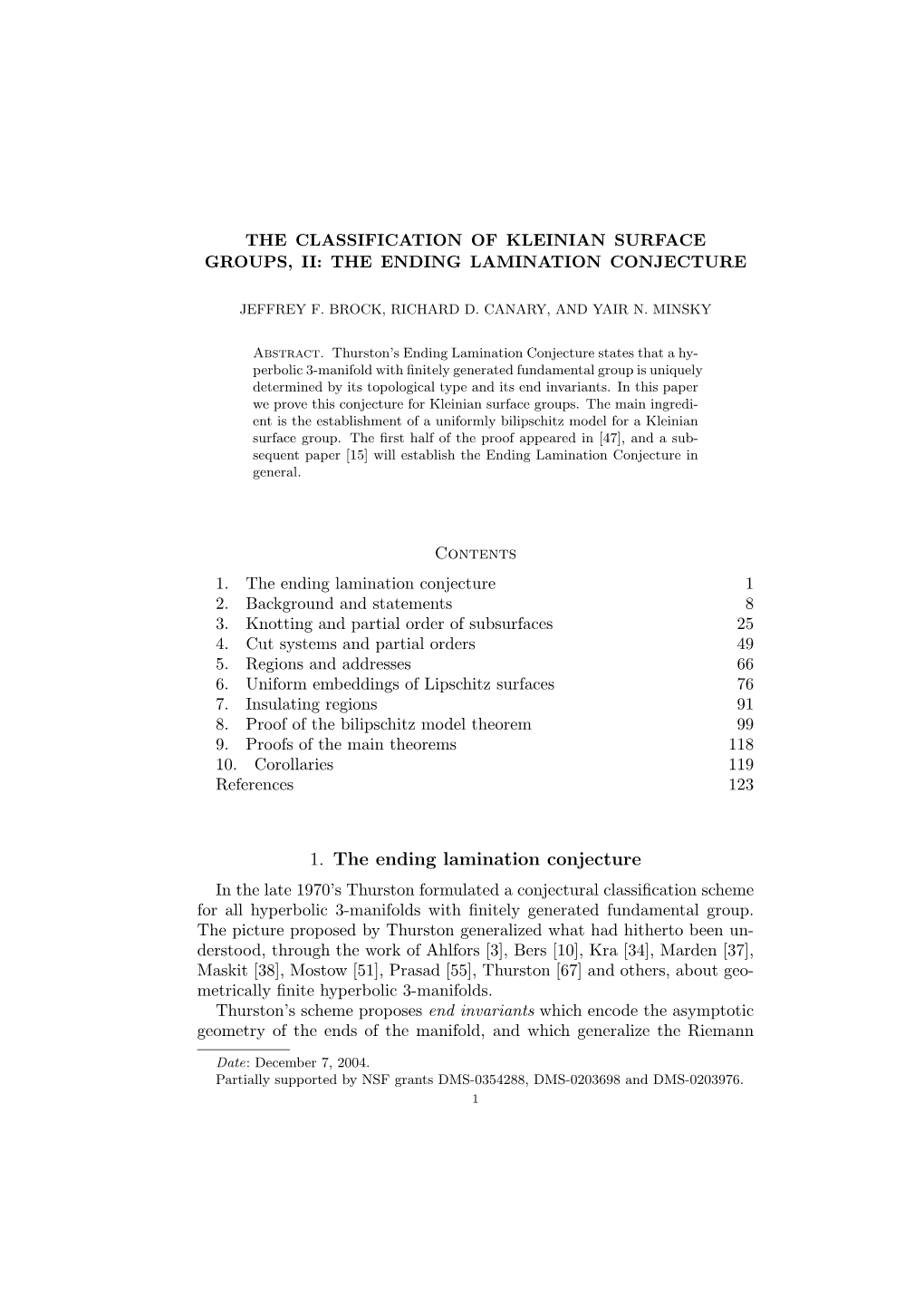 1. the Ending Lamination Conjecture 1 2