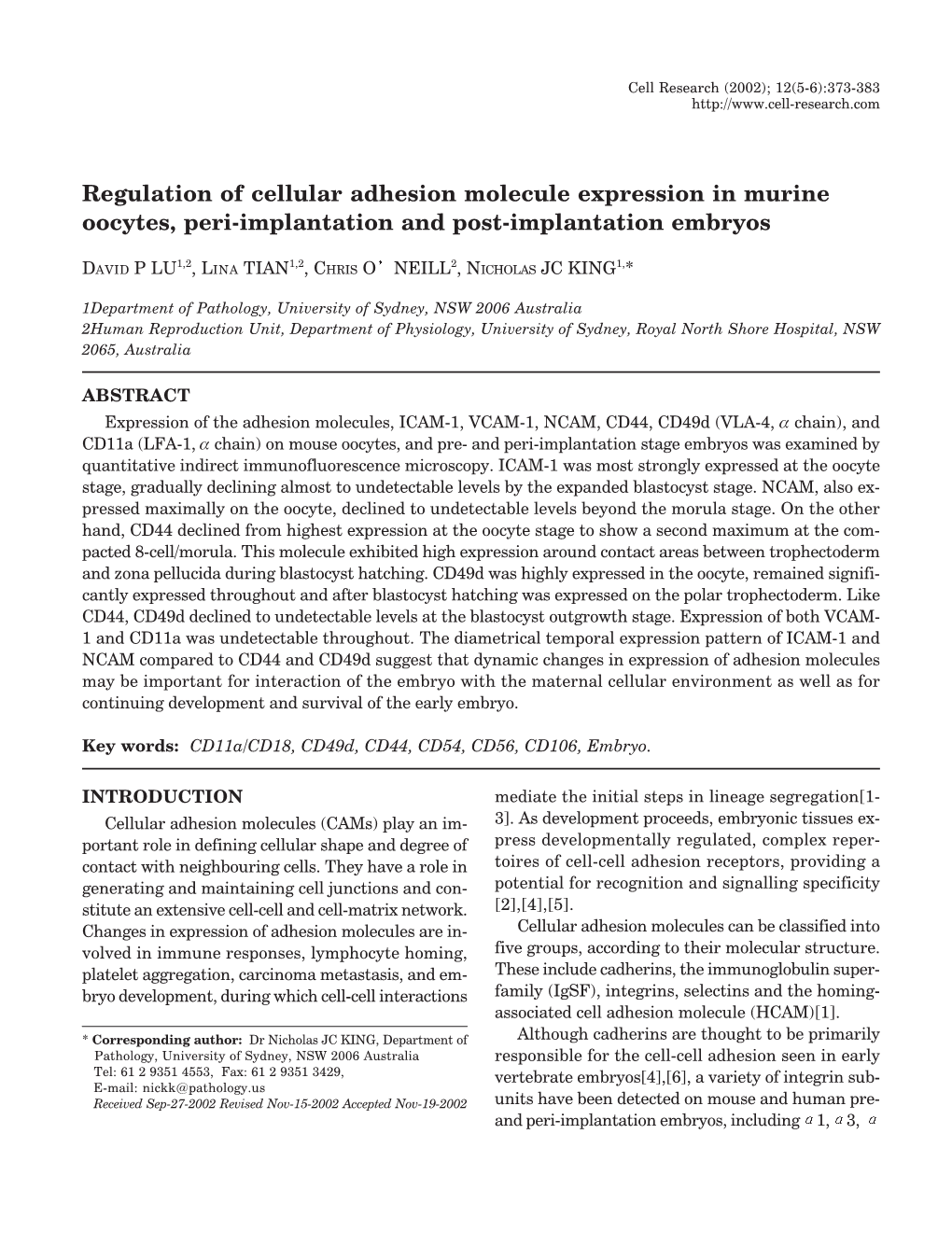 Regulation of Cellular Adhesion Molecule Expression in Murine Oocytes, Peri-Implantation and Post-Implantation Embryos