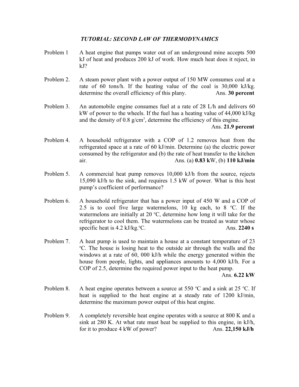 Tutorial: Second Law of Thermodynamics