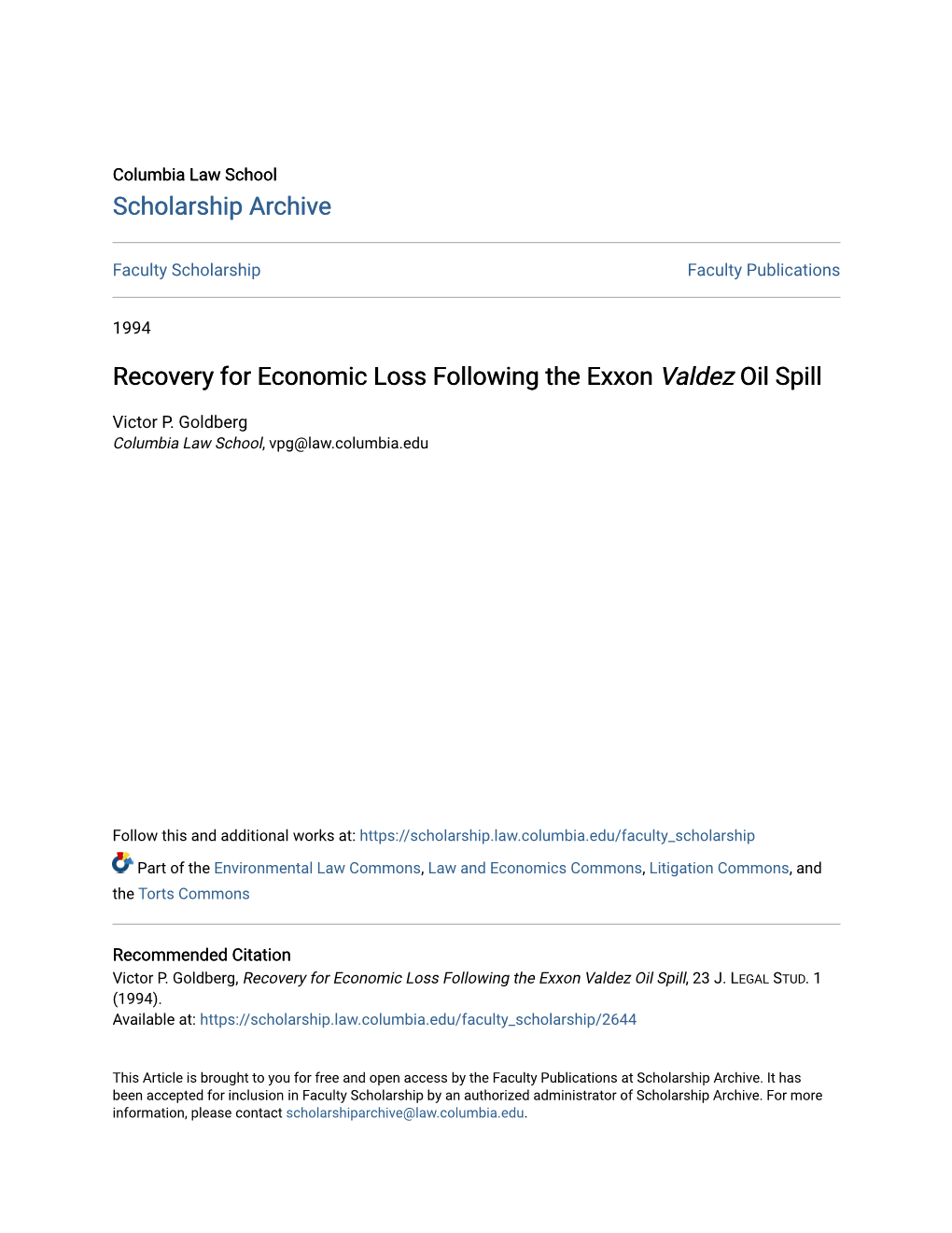 Recovery for Economic Loss Following the Exxon <I>Valdez</I> Oil Spill