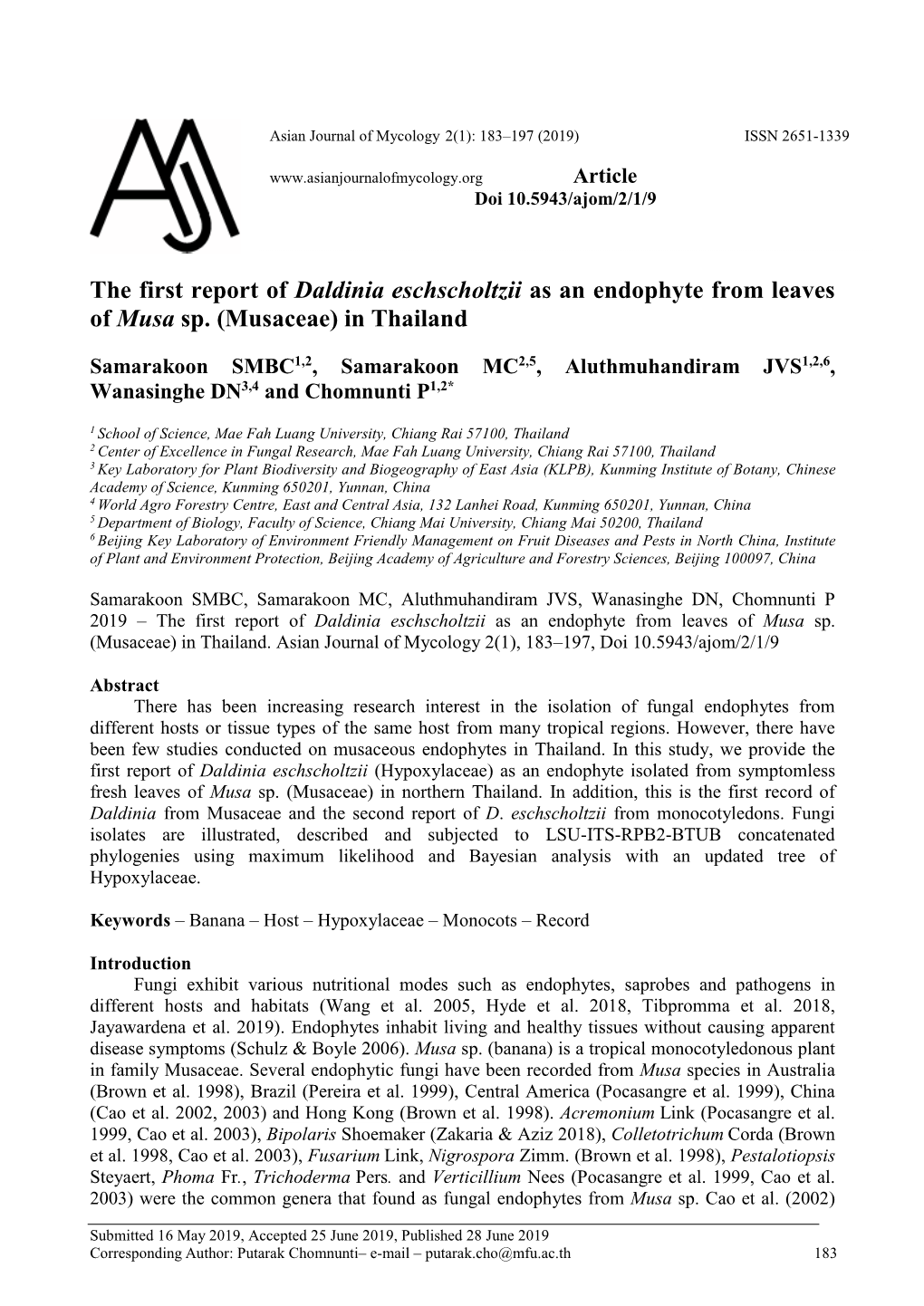 The First Report of Daldinia Eschscholtzii As an Endophyte from Leaves of Musa Sp