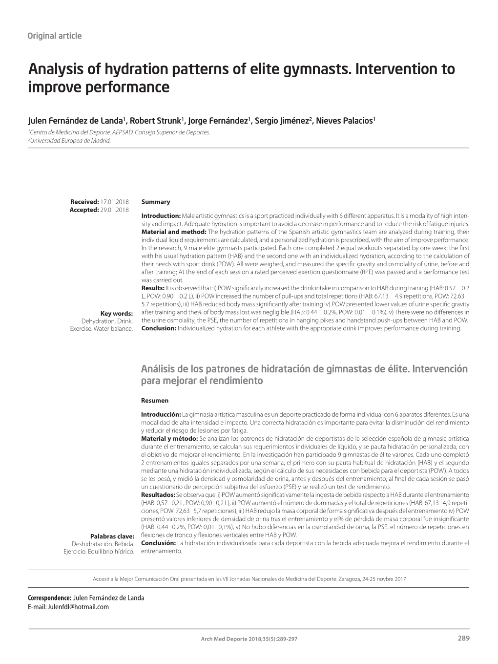 Analysis of Hydration Patterns of Elite Gymnasts. Intervention to Improve Performance