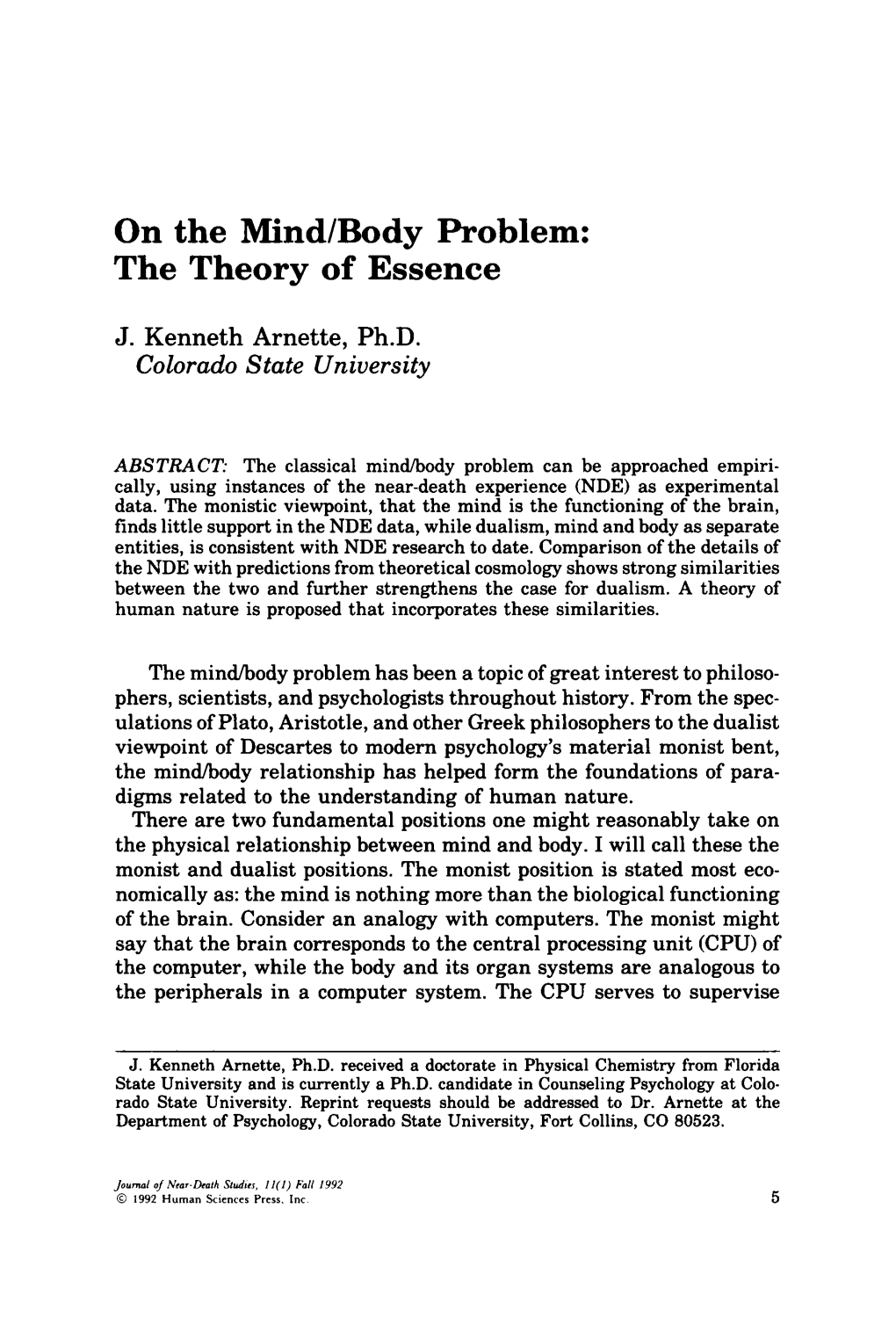 On the Mind/Body Problem: the Theory of Essence