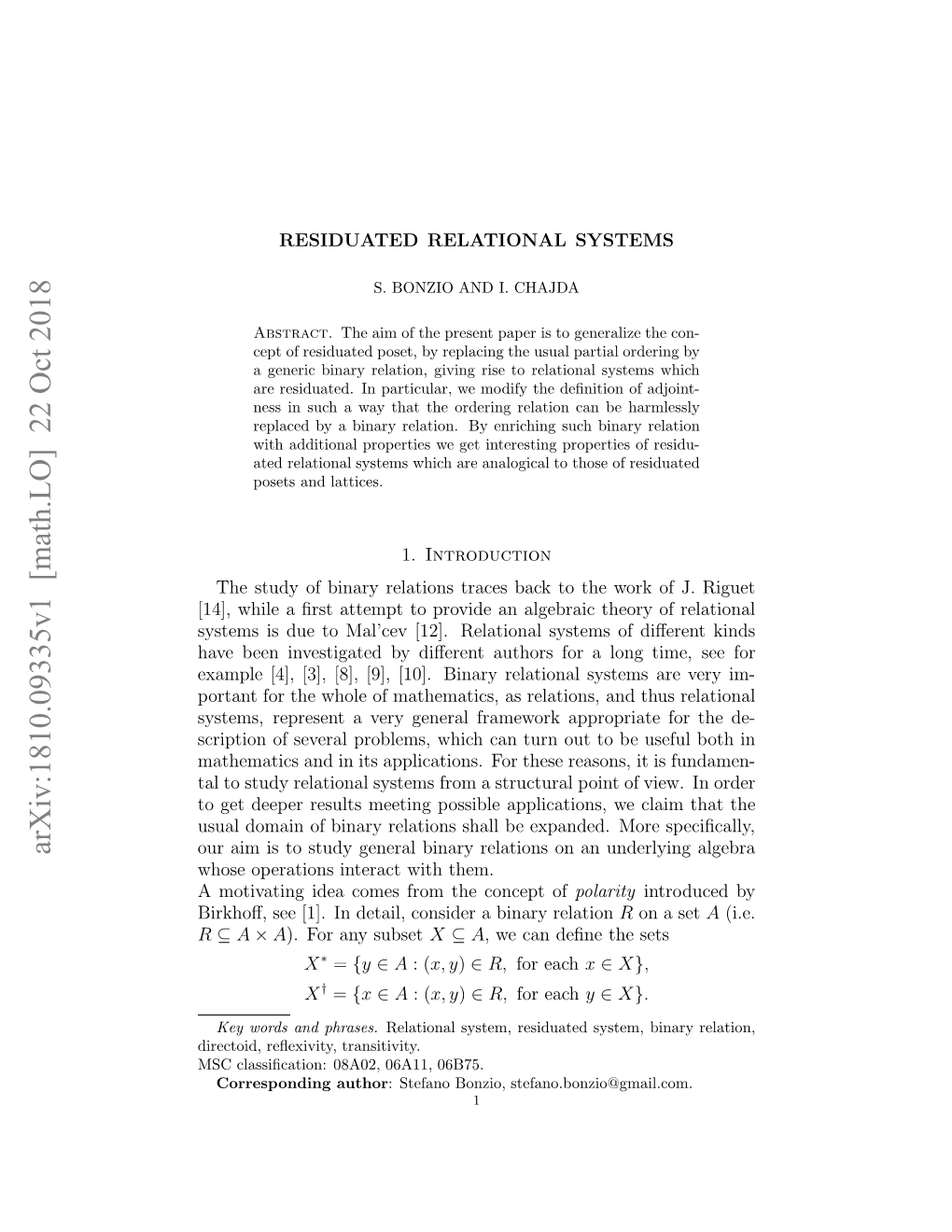 Residuated Relational Systems We Begin by Introducing the Central Notion That Will Be Used Through- out the Paper