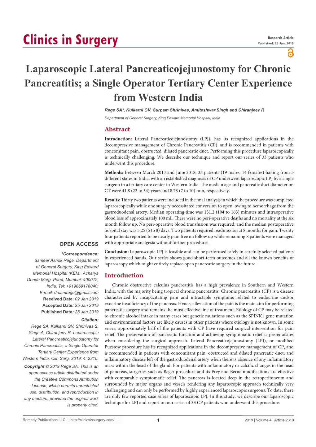 Laparoscopic Lateral Pancreaticojejunostomy for Chronic Pancreatitis; a Single Operator Tertiary Center Experience from Western India