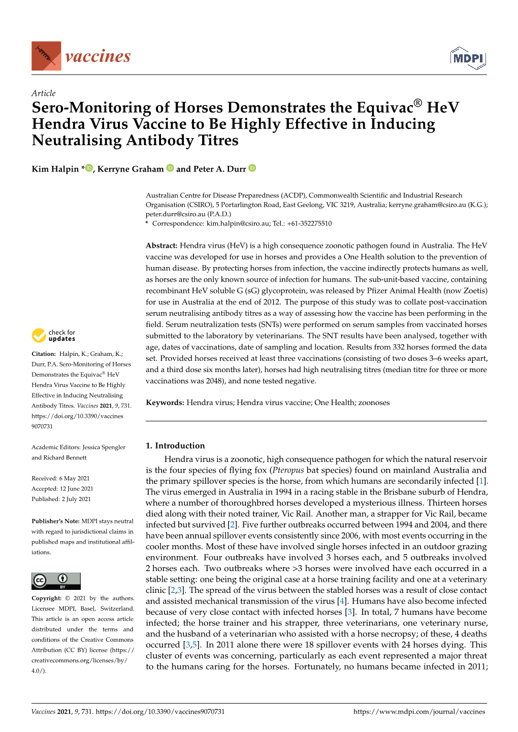 Sero-Monitoring of Horses Demonstrates the Equivac® Hev Hendra Virus Vaccine to Be Highly Effective in Inducing Neu-Tralising A