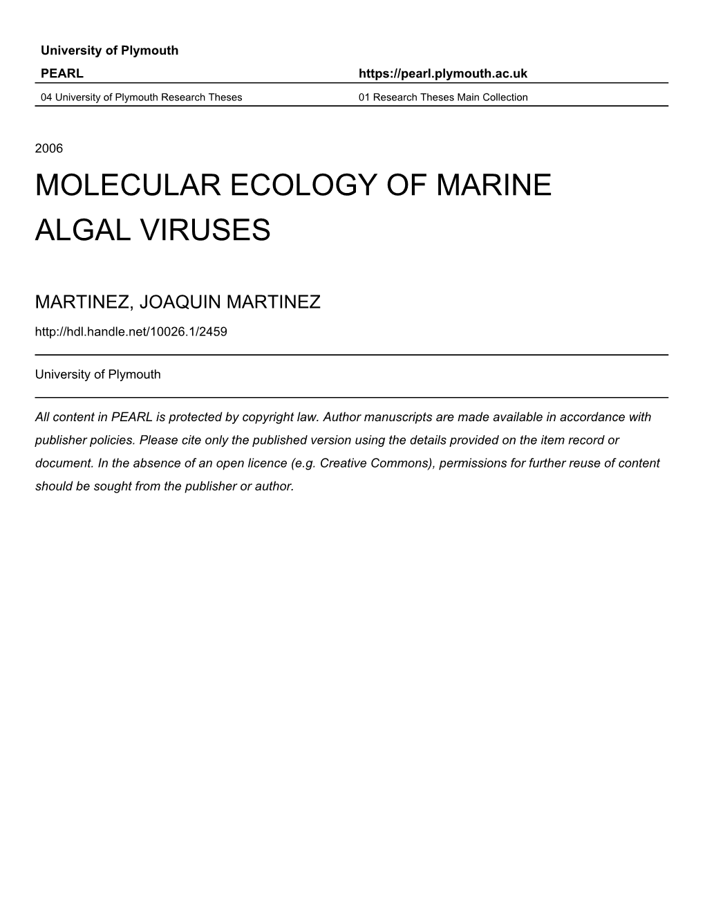 MOLECULAR ECOLOGY of MARINE ALGAL VIRUSES by JOAQUIN
