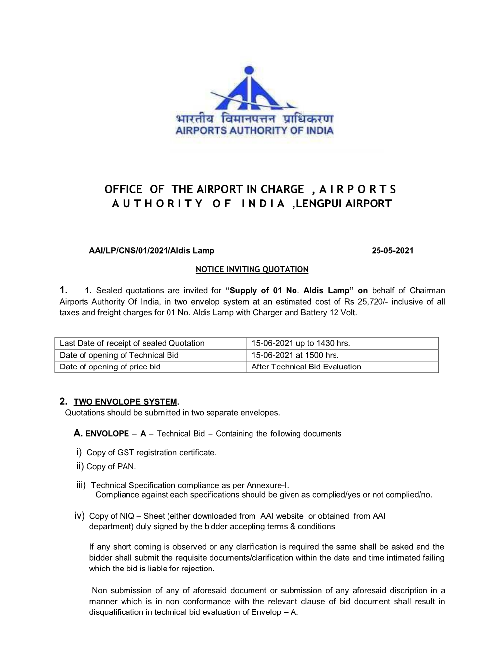 Office of the Airport in Charge , a I R P O R T S a U T H O R I T Y O F I N D I a ,Lengpui Airport