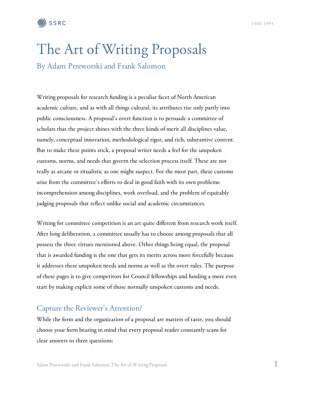 The Art of Writing Proposals by Adam Przeworski and Frank Salomon