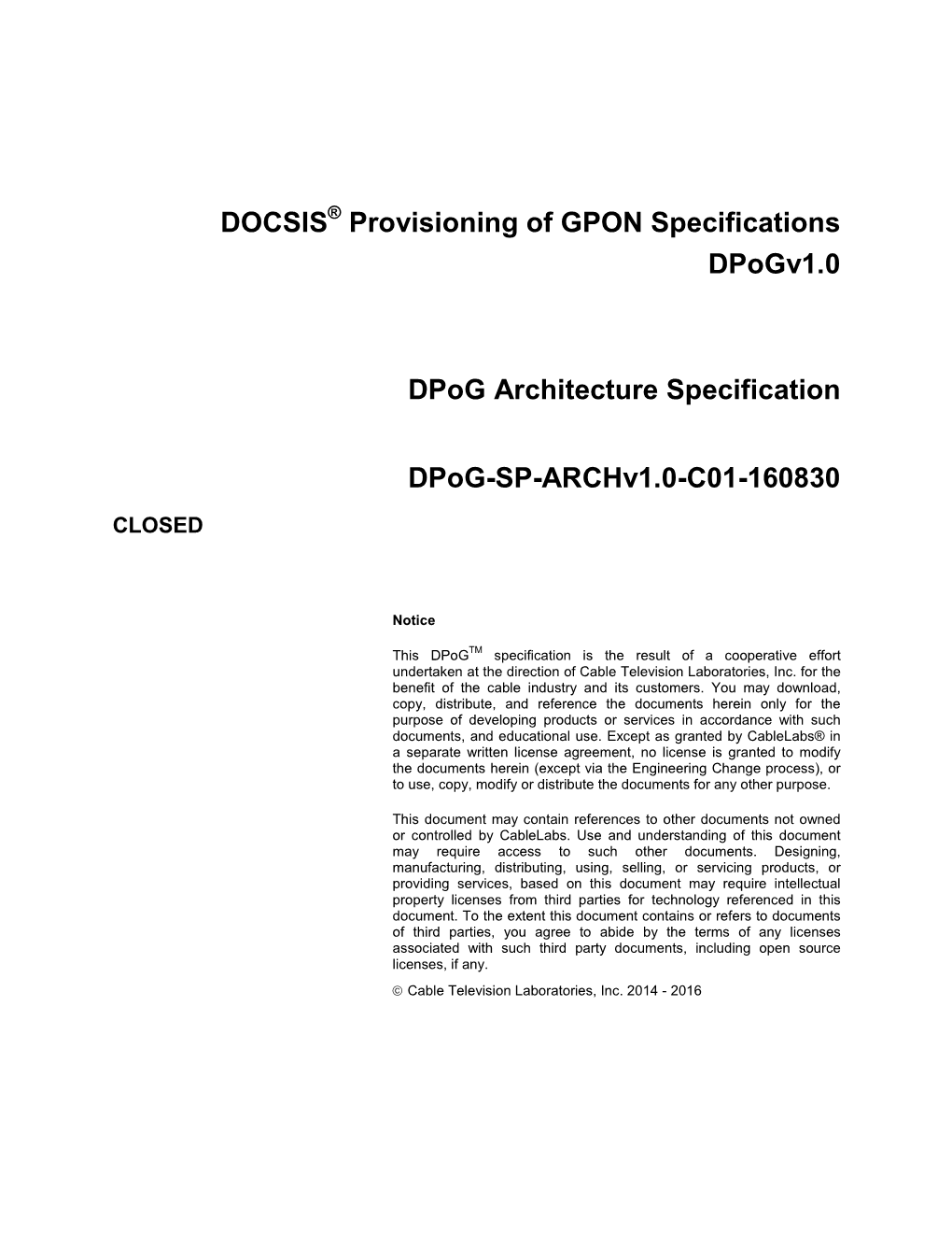 DOCSIS Provisioning of GPON Specifications Dpogv1.0 Dpog