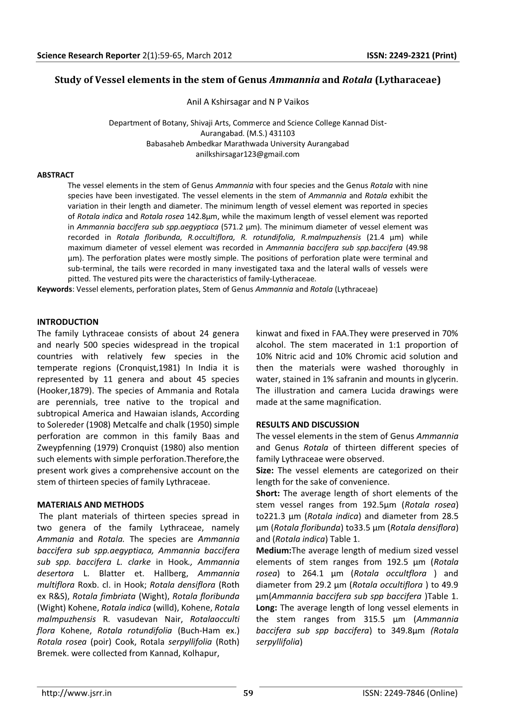 Study of Vessel Elements in the Stem of Genus Ammannia and Rotala (Lytharaceae)