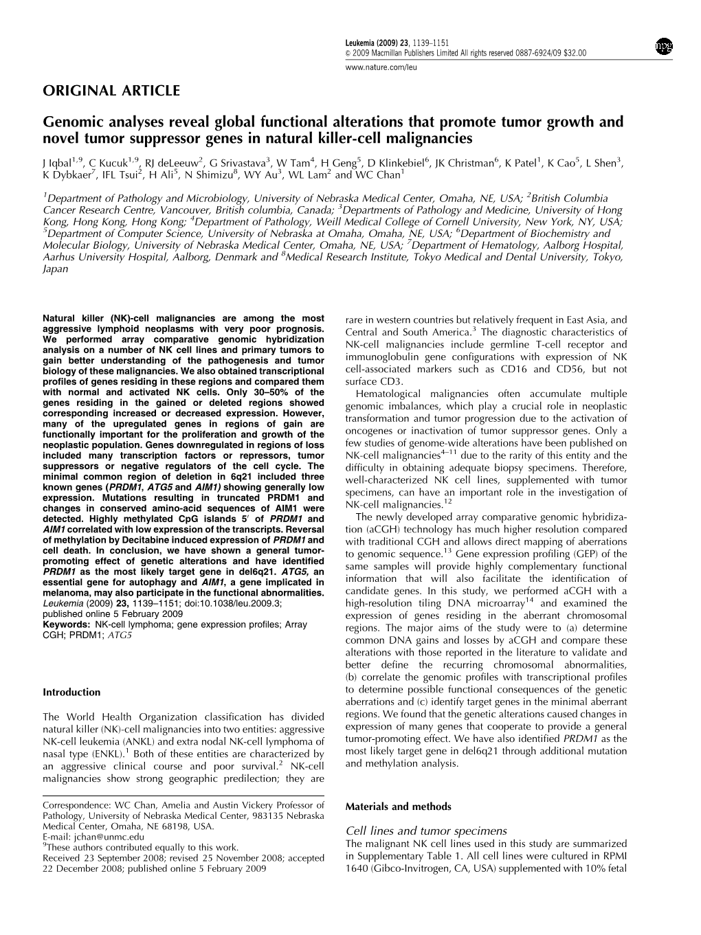 Genomic Analyses Reveal Global Functional Alterations That Promote Tumor Growth and Novel Tumor Suppressor Genes in Natural Killer-Cell Malignancies