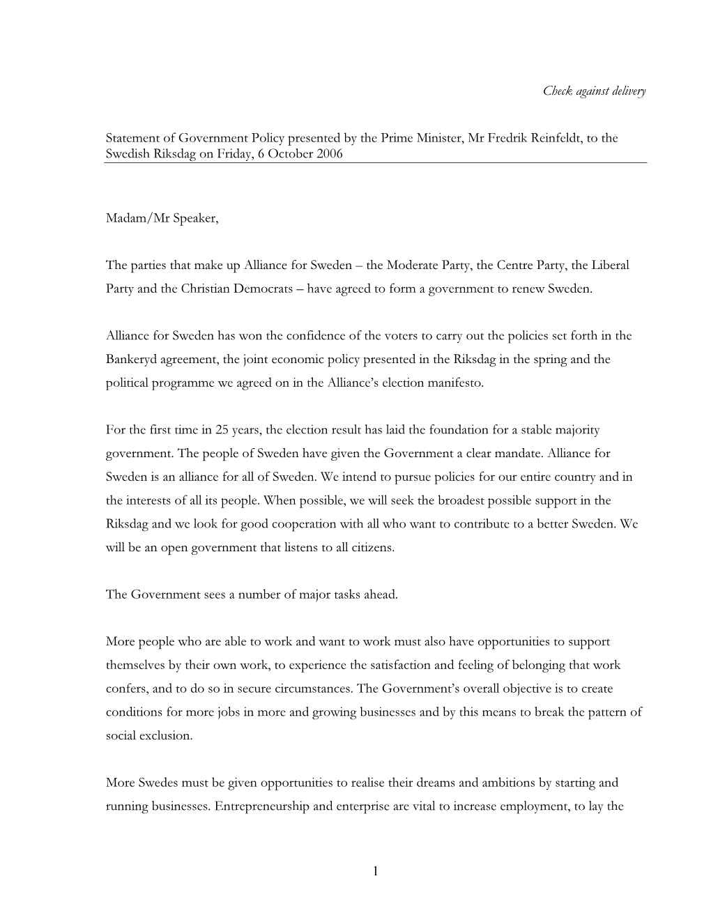 Statement of Government Policy 6 October 2006