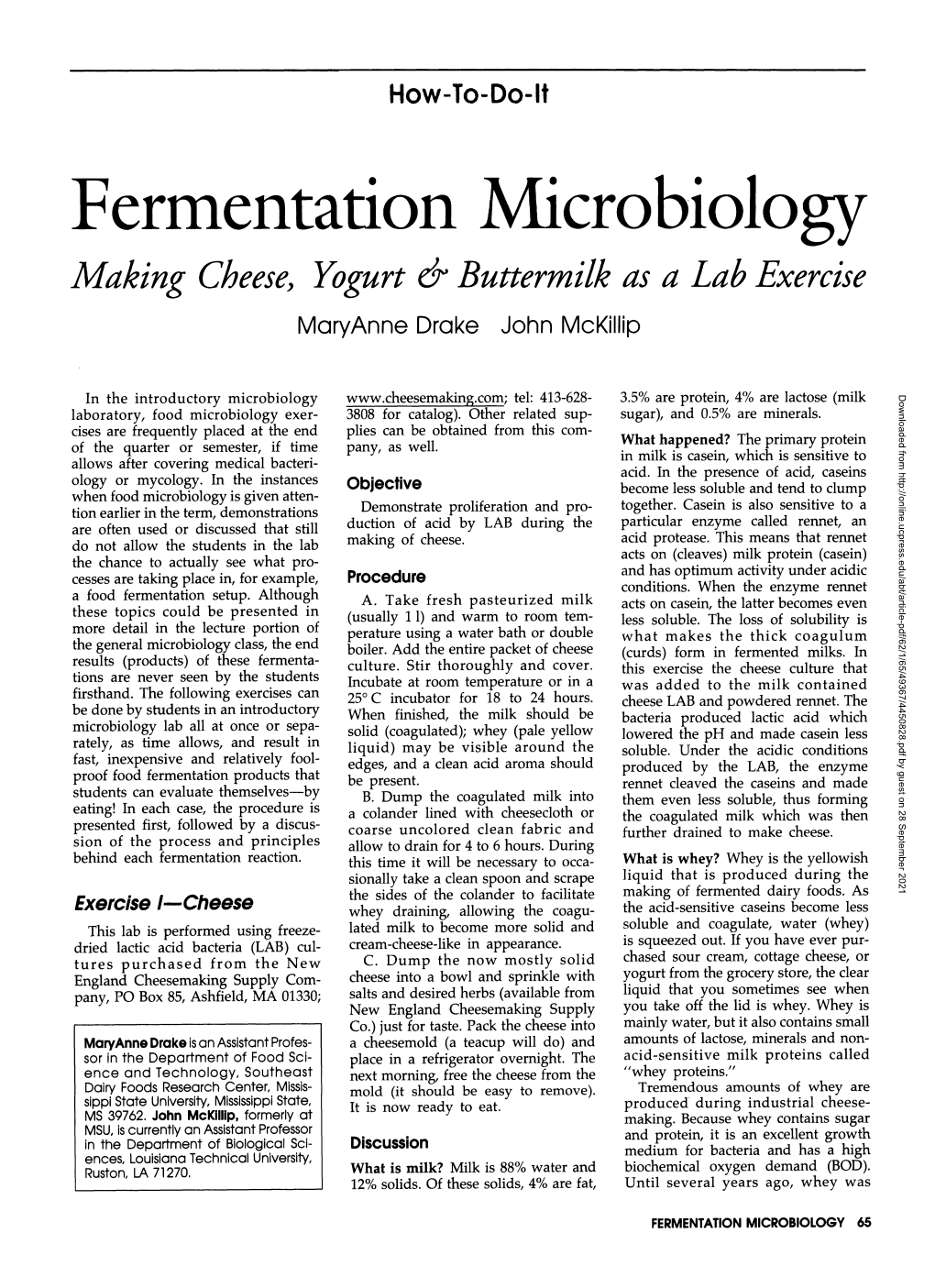 Fermentation Microbiology: Making Cheese, Yogurt & Buttermilk As a Lab Exercise