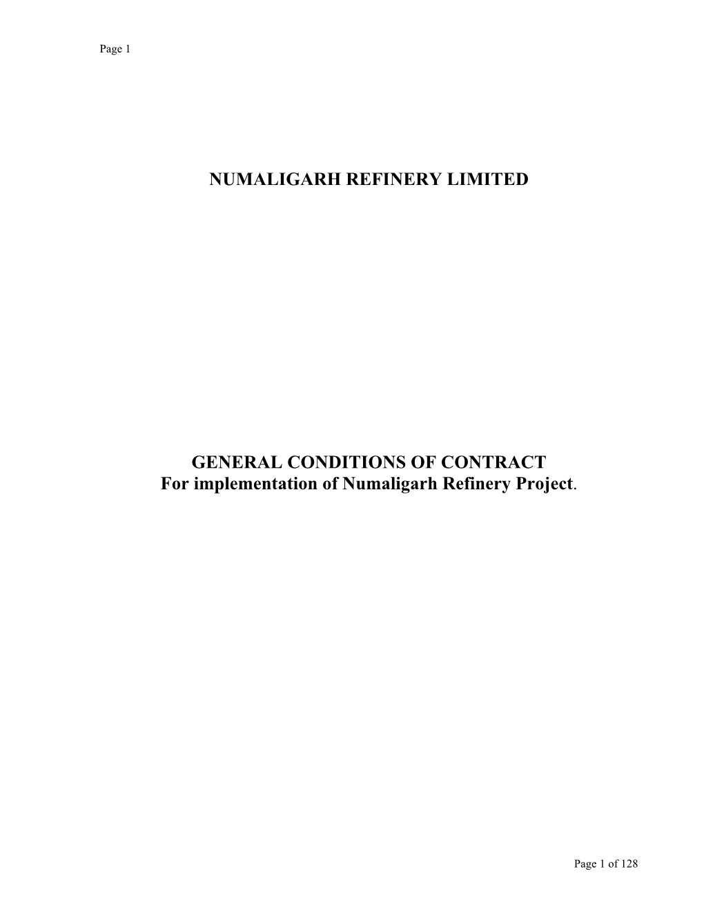 NUMALIGARH REFINERY LIMITED GENERAL CONDITIONS of CONTRACT for Implementation of Numaligarh Refinery Project