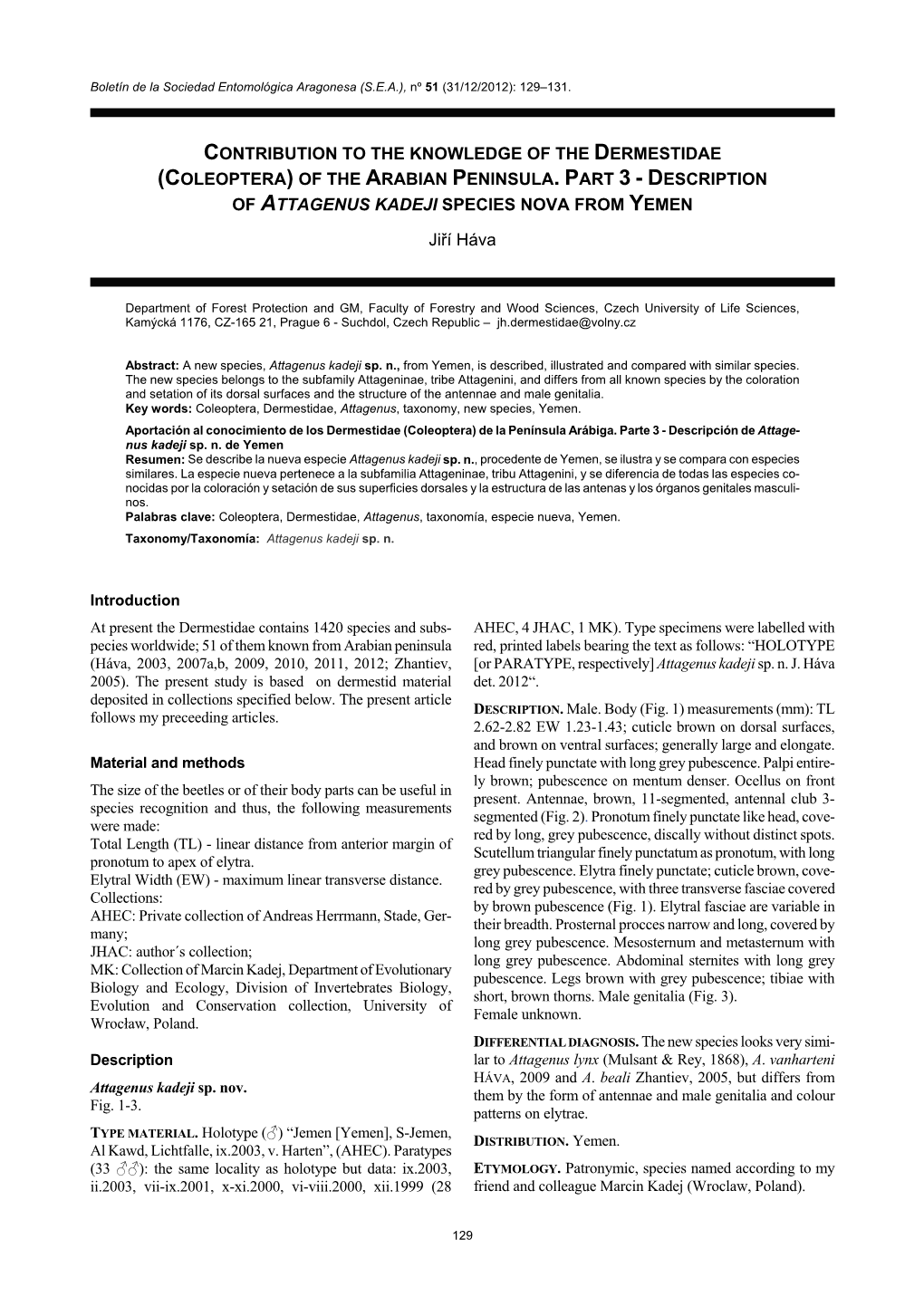 (Coleoptera) of the Arabian Peninsula. Part 3 - Description of Attagenus Kadeji Species Nova from Yemen