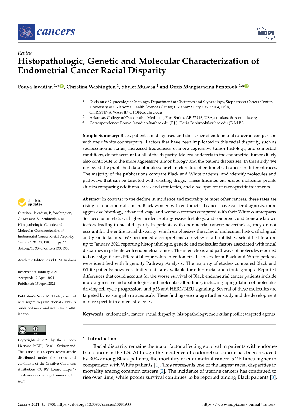Histopathologic, Genetic and Molecular Characterization of Endometrial Cancer Racial Disparity