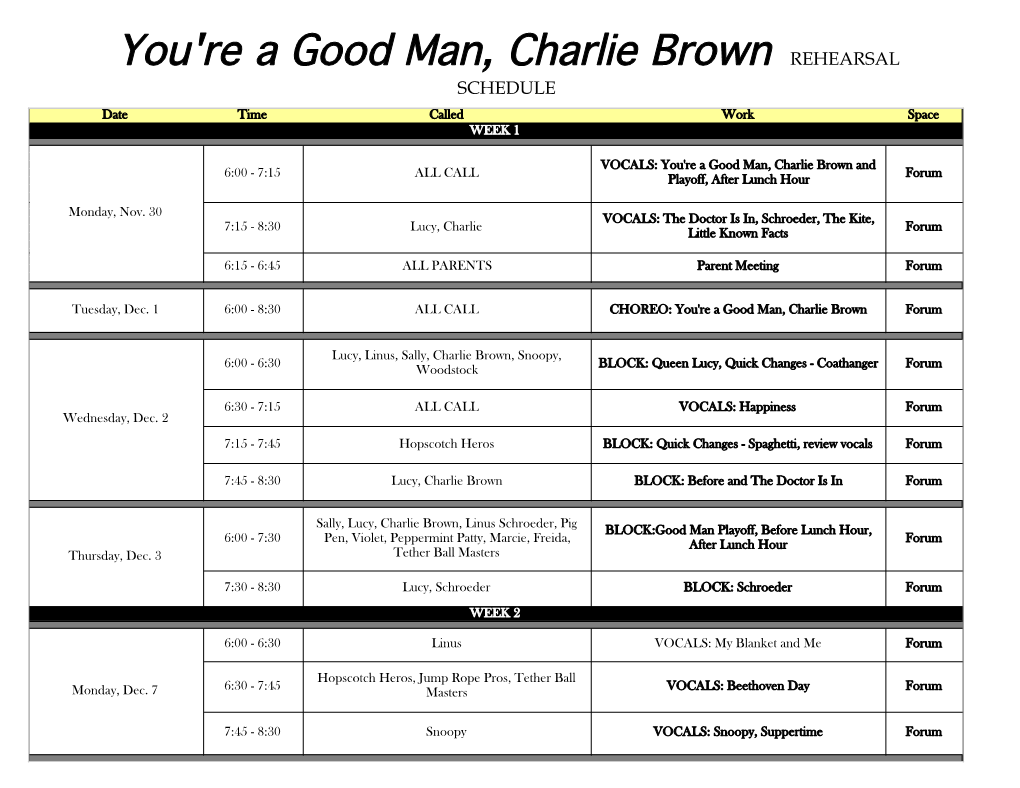 You're a Good Man, Charlie Brown REHEARSAL SCHEDULE Date Time Called Work Space WEEK 1