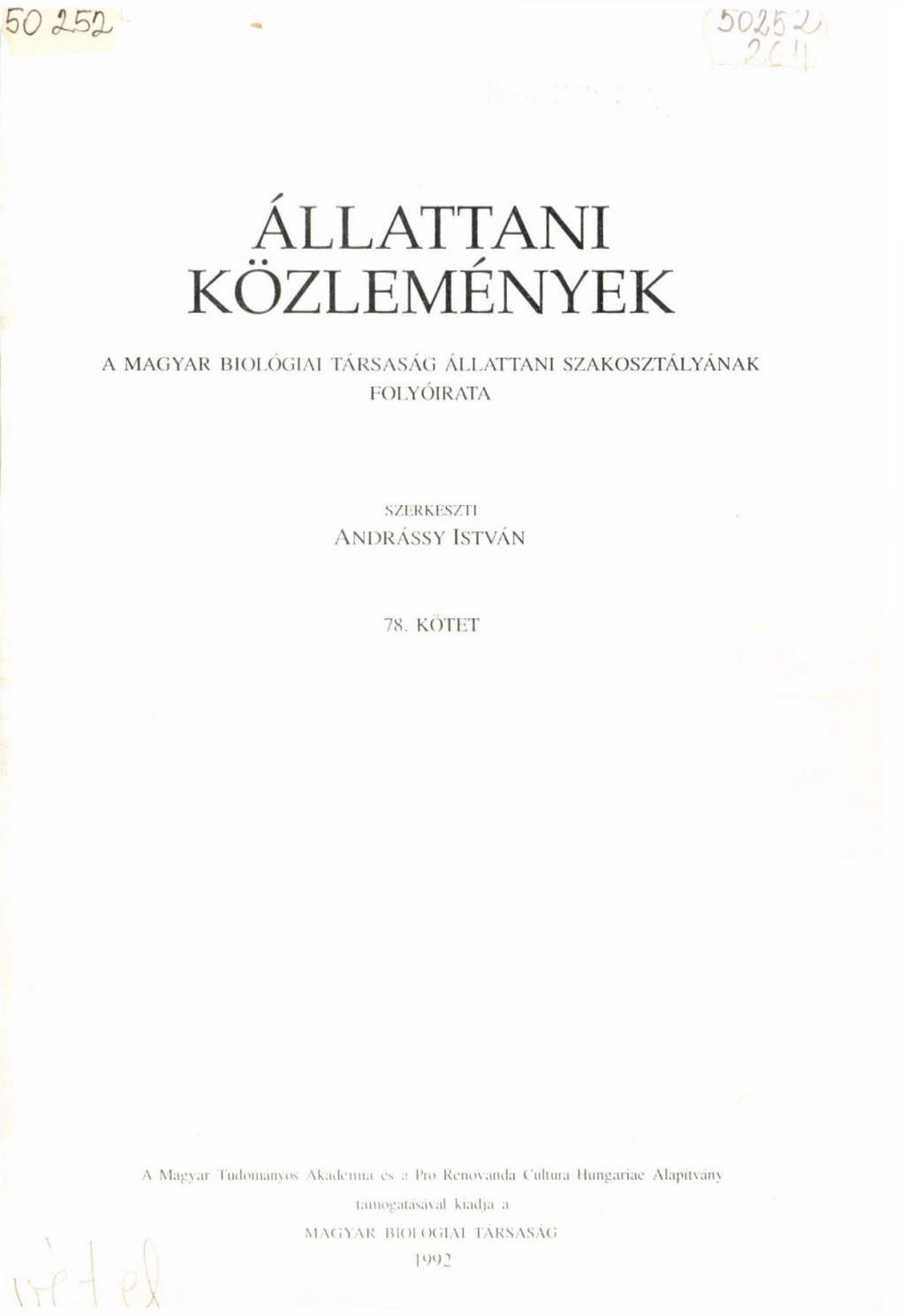 Állattani Közlemények 78. (1992)