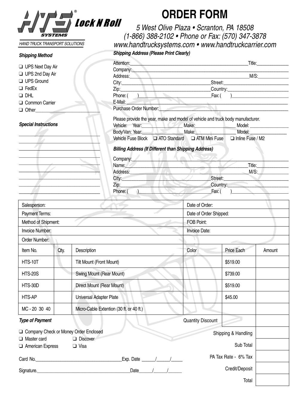 HTS Systems Order Form