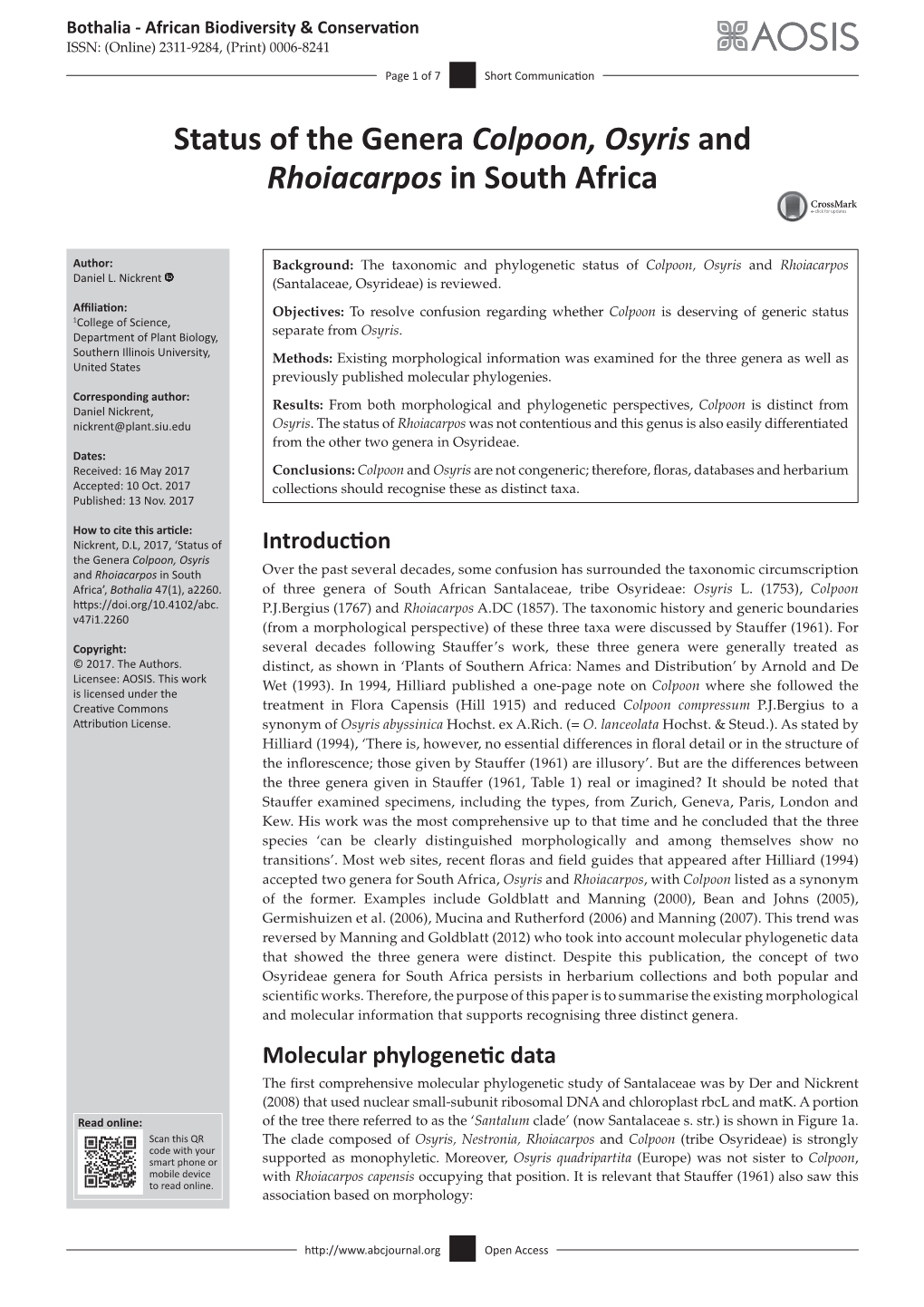 Status of the Genera Colpoon, Osyris and Rhoiacarpos in South Africa