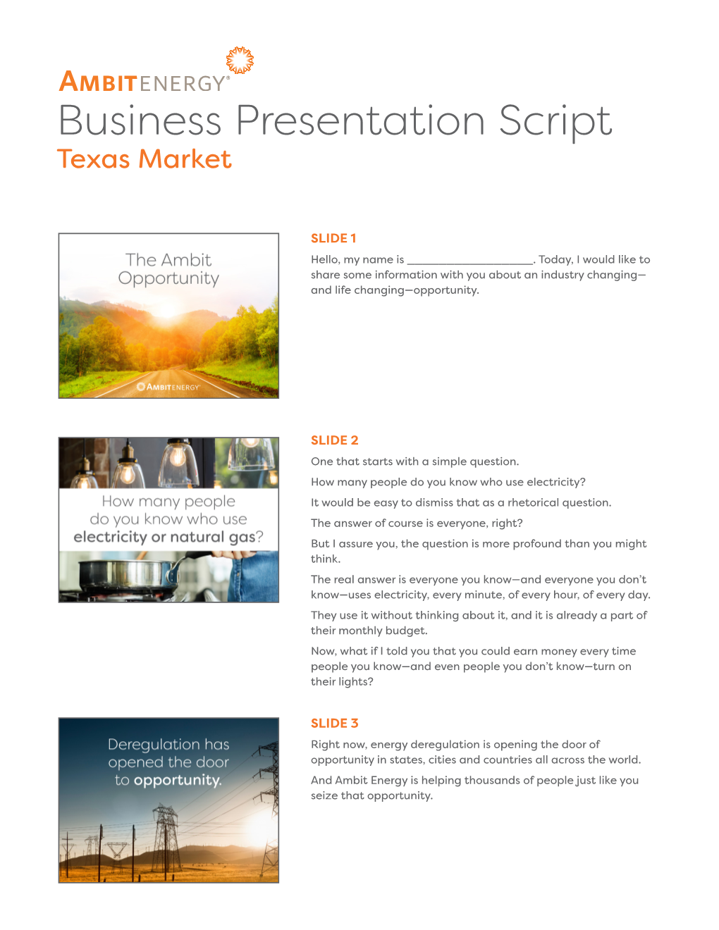 Business Presentation Script Texas Market