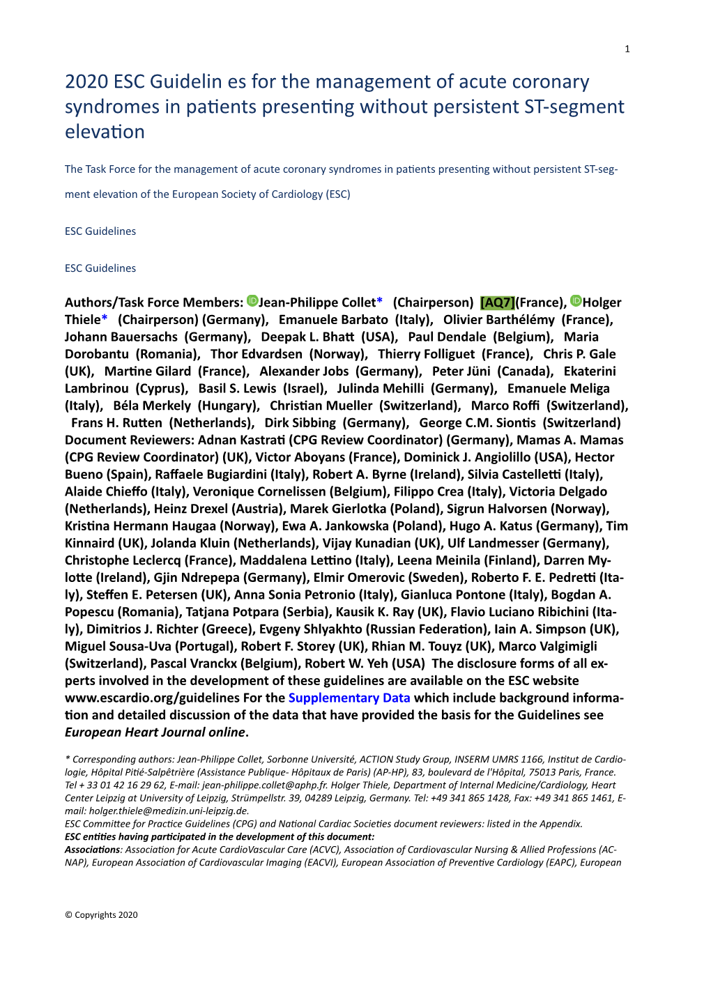 2020 ESC Guidelin Es for the Management of Acute Coronary Syndromes in Patients Presenting Without Persistent ST-Segment Elevation