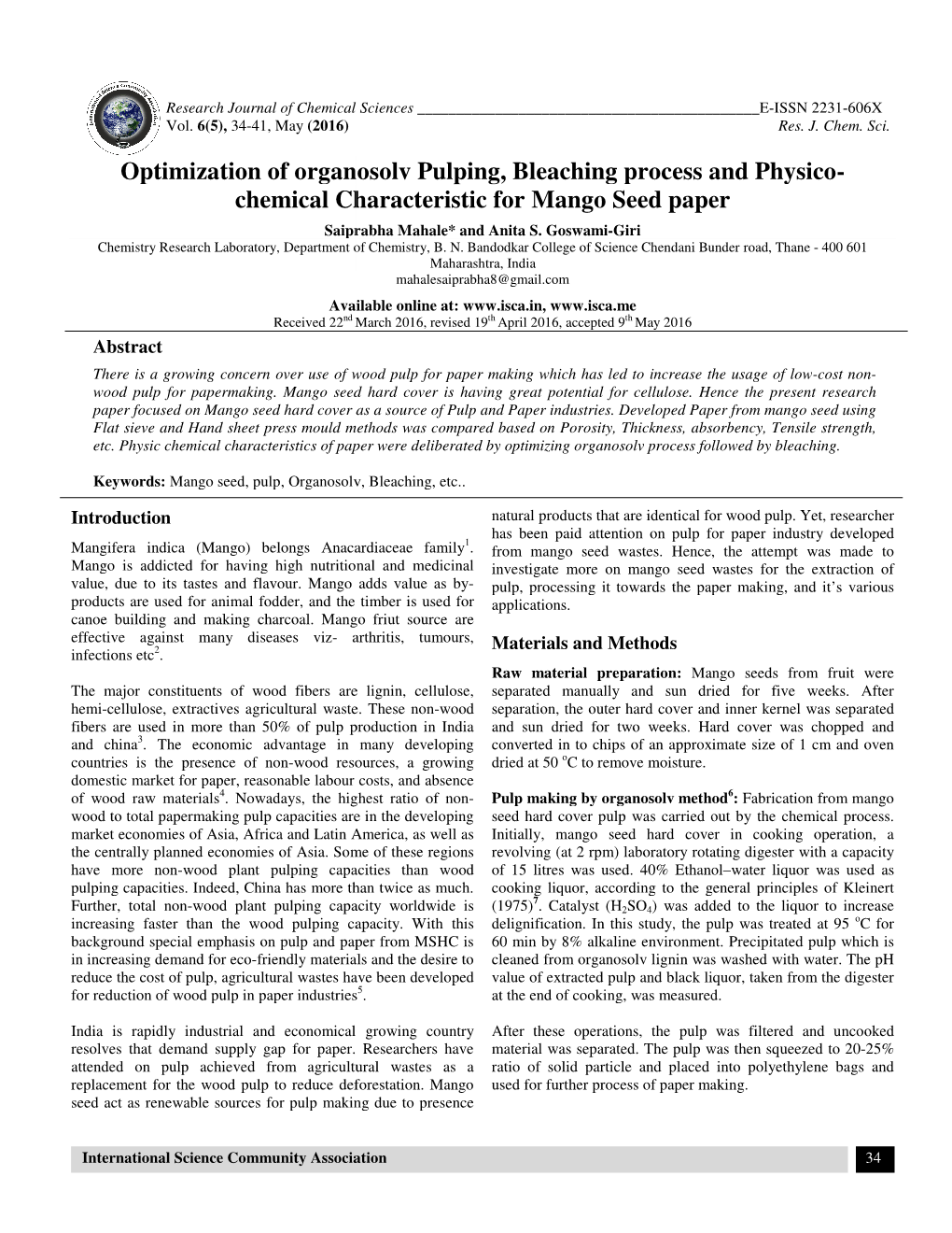On of Organosolv Pulping, Bleaching Process and Physico Chemical