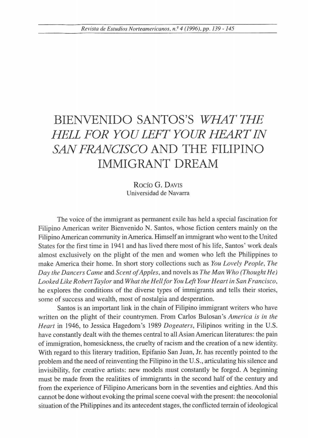 Bienvenido Santos's What the Hell Por You Left Your Heart in San Francisco and the Filipino Immigrant Dream