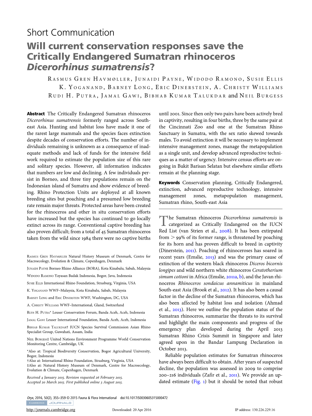 Short Communication Will Current Conservation Responses Save the Critically Endangered Sumatran Rhinoceros Dicerorhinus Sumatrensis?