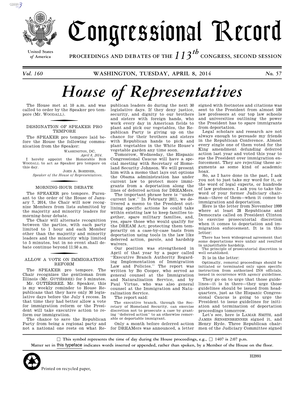 Congressional Record United States Th of America PROCEEDINGS and DEBATES of the 113 CONGRESS, SECOND SESSION