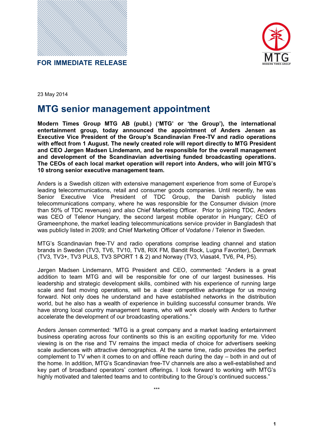MTG Senior Management Appointment