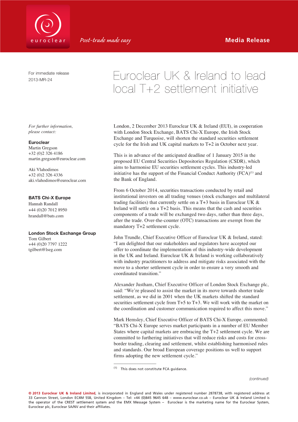 Euroclear UK & Ireland to Lead Local T+2 Settlement Initiative