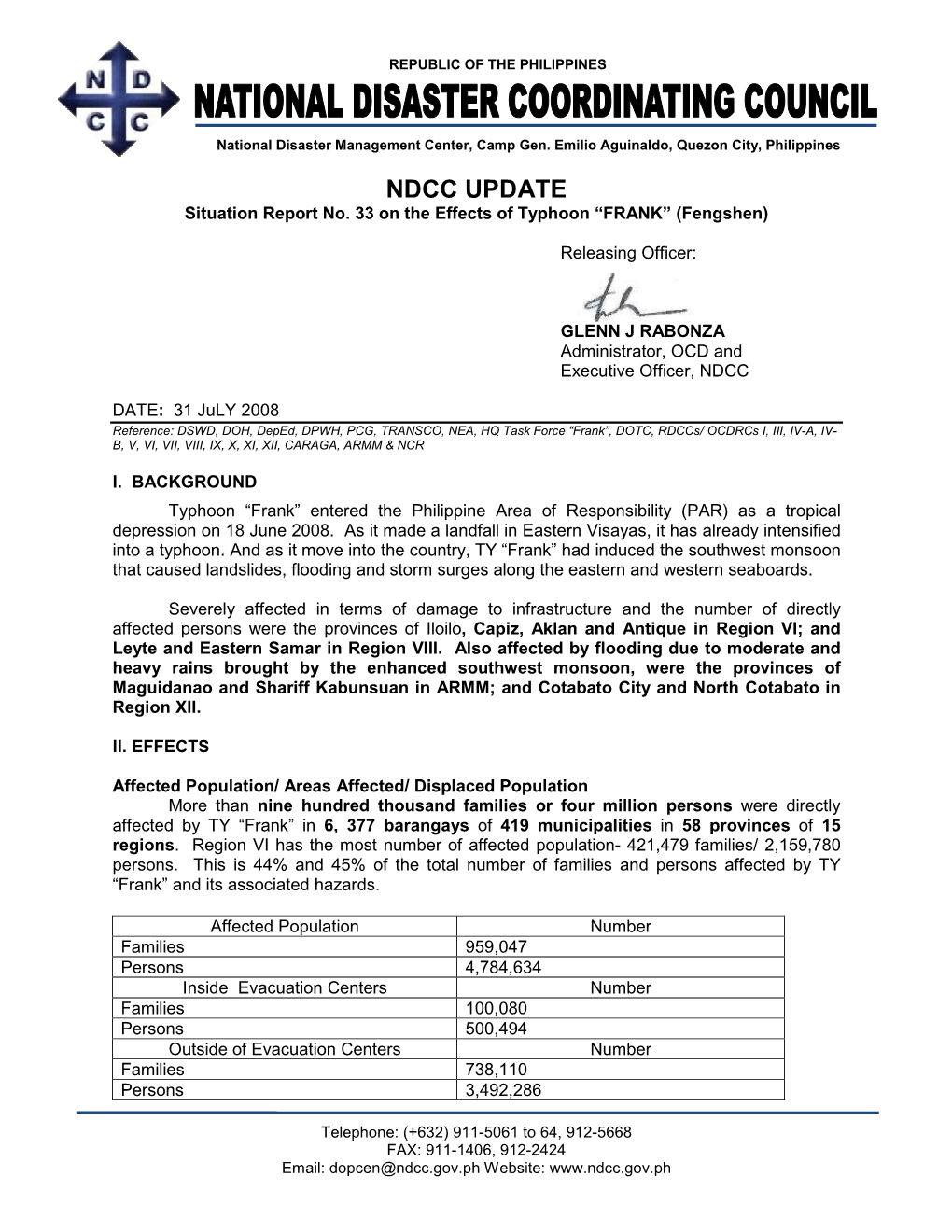 NDCC UPDATE Situation Report No