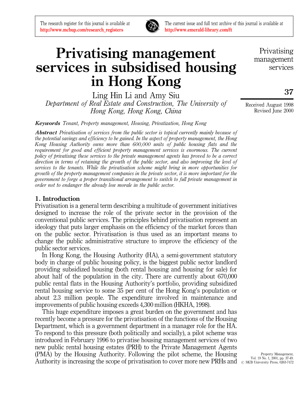 Privatising Management Services in Subsidised Housing in Hong Kong