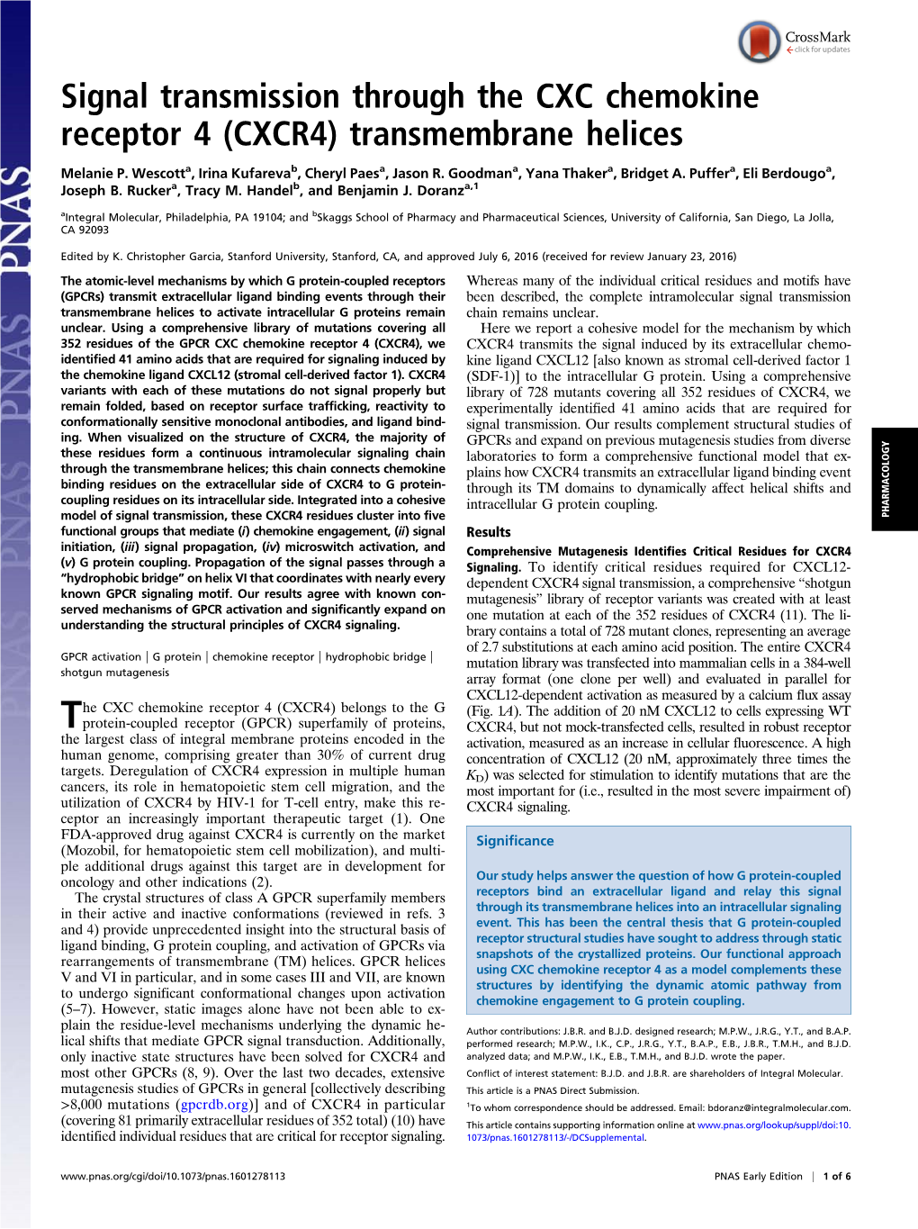 Signal Transmission Through the CXC Chemokine Receptor 4 (CXCR4) Transmembrane Helices