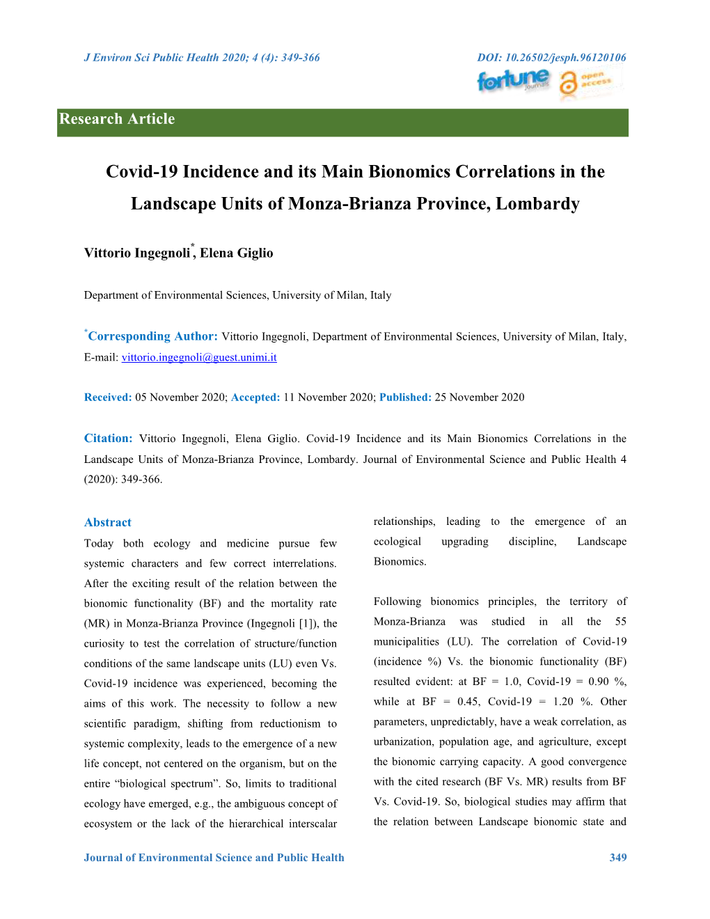 Covid-19 Incidence and Its Main Bionomics Correlations in the Landscape Units of Monza-Brianza Province, Lombardy