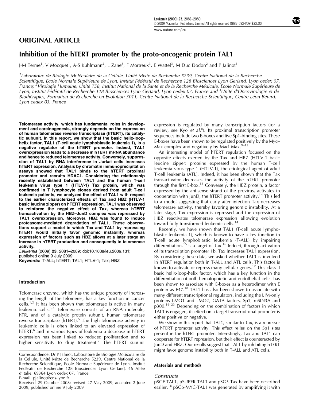 Inhibition of the Htert Promoter by the Proto-Oncogenic Protein TAL1