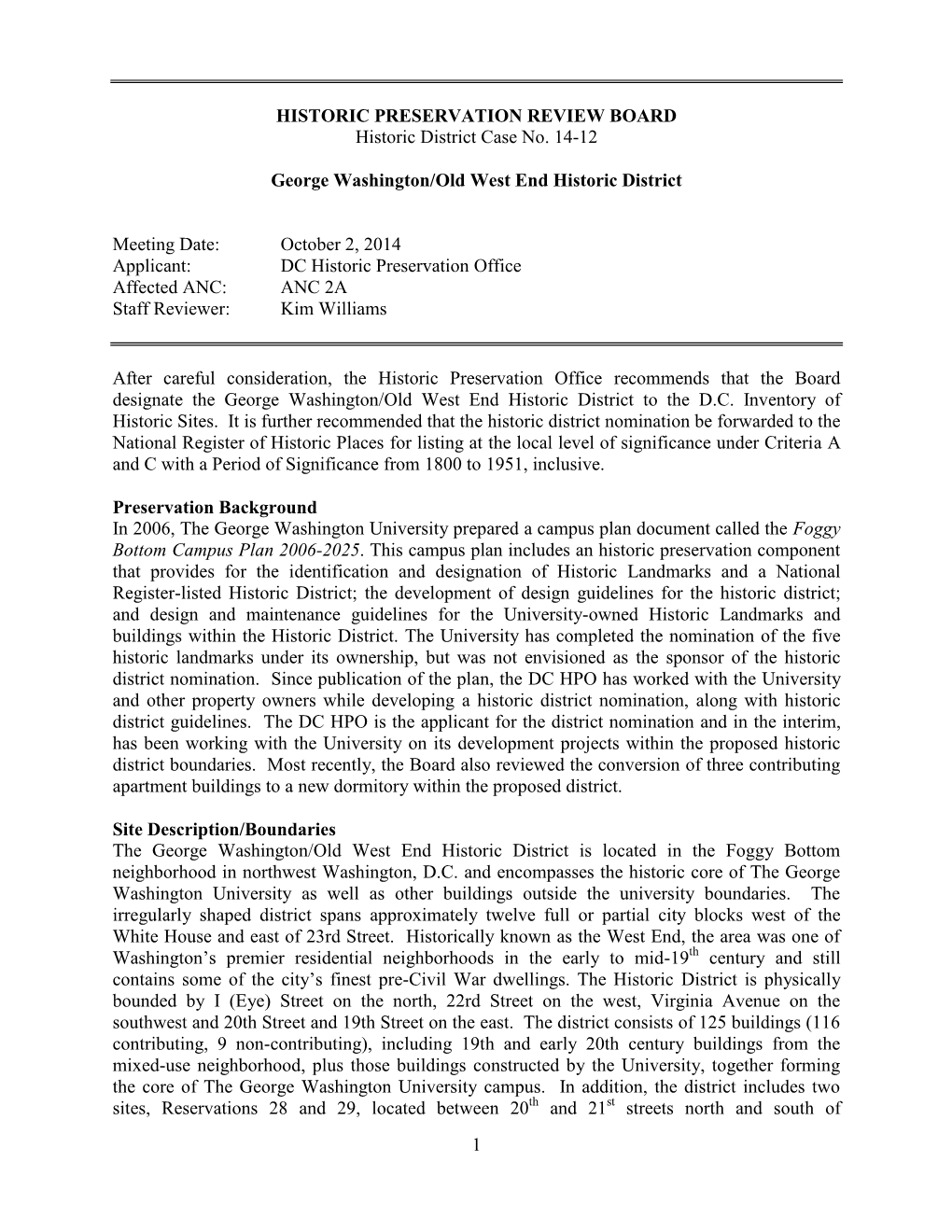 HISTORIC PRESERVATION REVIEW BOARD Historic District Case No