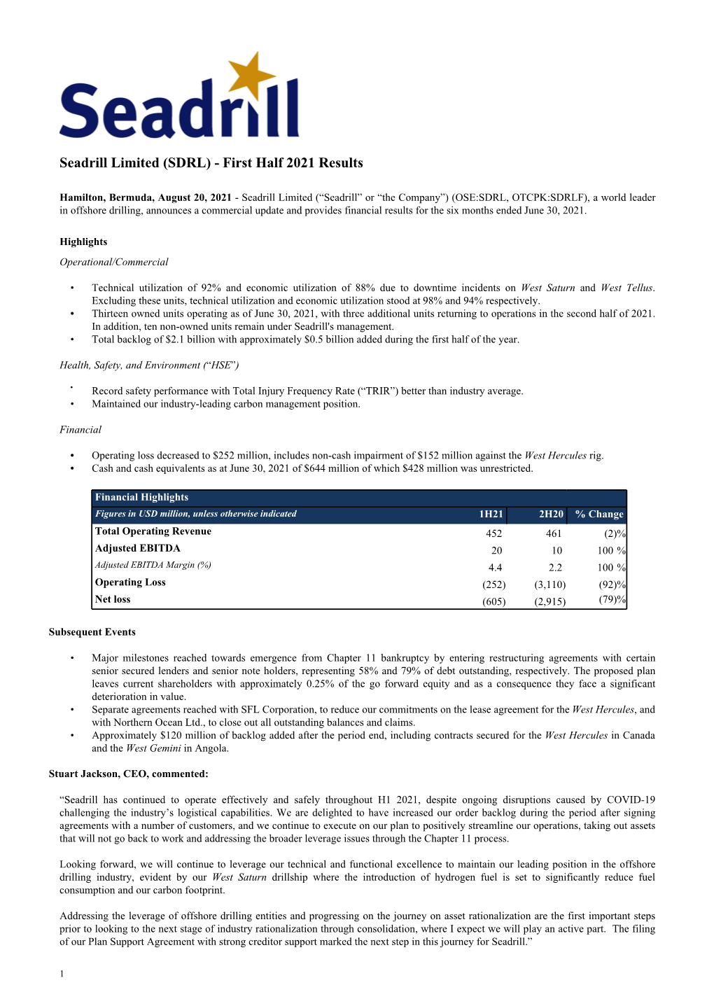 Seadrill Limited (SDRL) - First Half 2021 Results