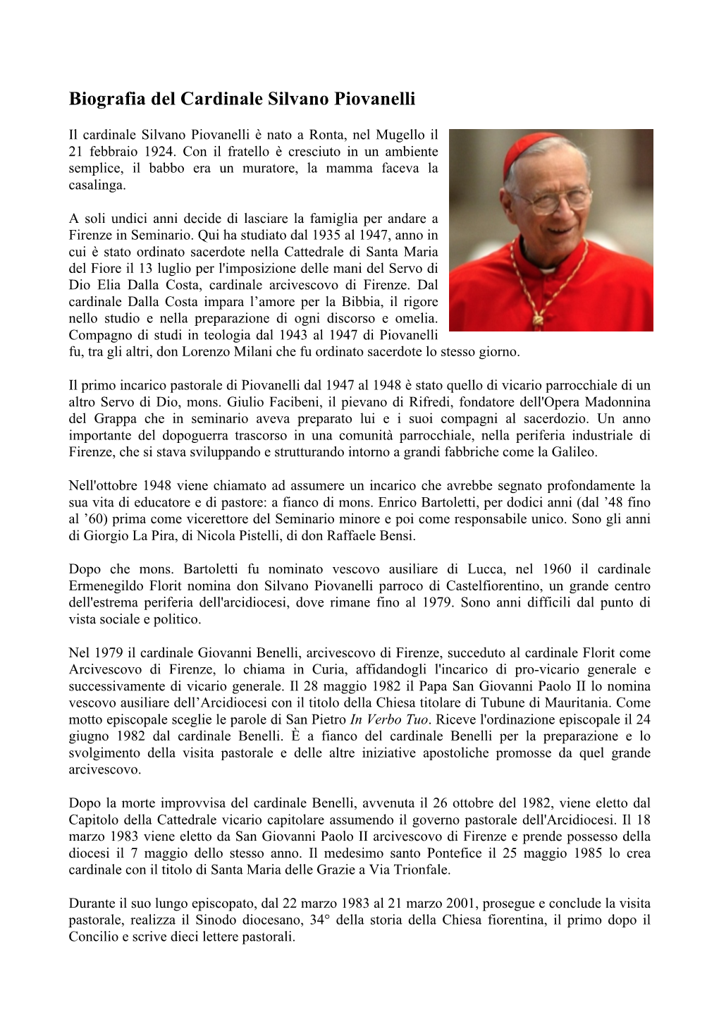 Biografia Del Cardinale Silvano Piovanelli