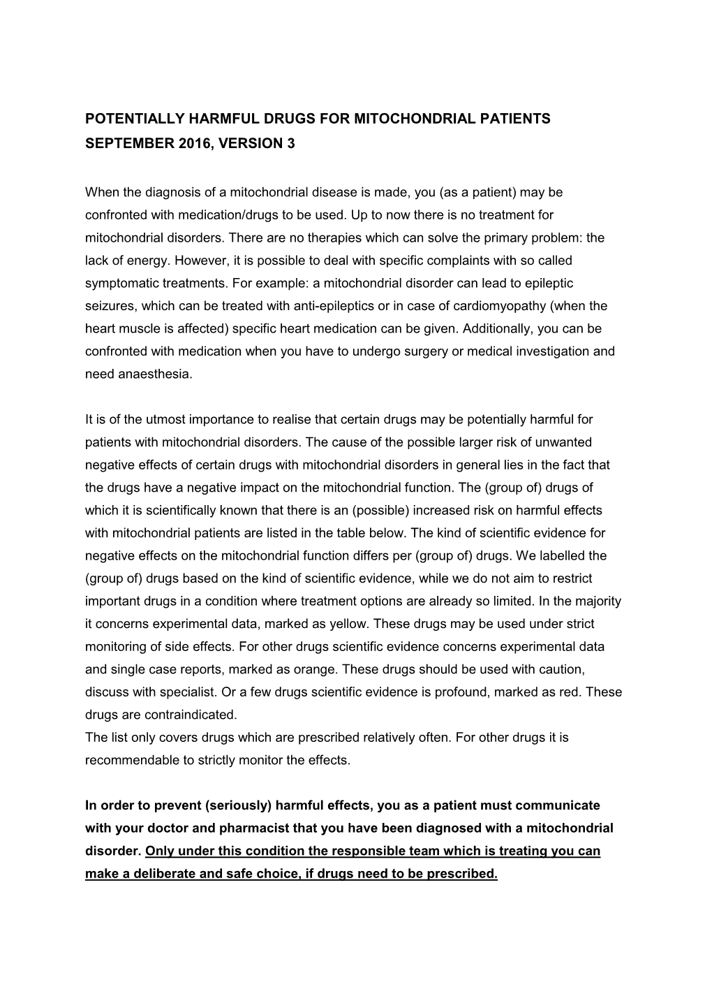 Potentially Harmful Drugs for Mitochondrial Patients September 2016, Version 3