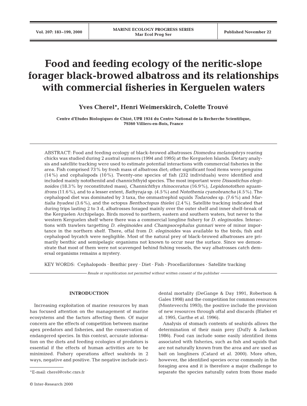 Food and Feeding Ecology of the Neritic-Slope Forager Black-Browed Albatross and Its Relationships with Commercial Fisheries in Kerguelen Waters