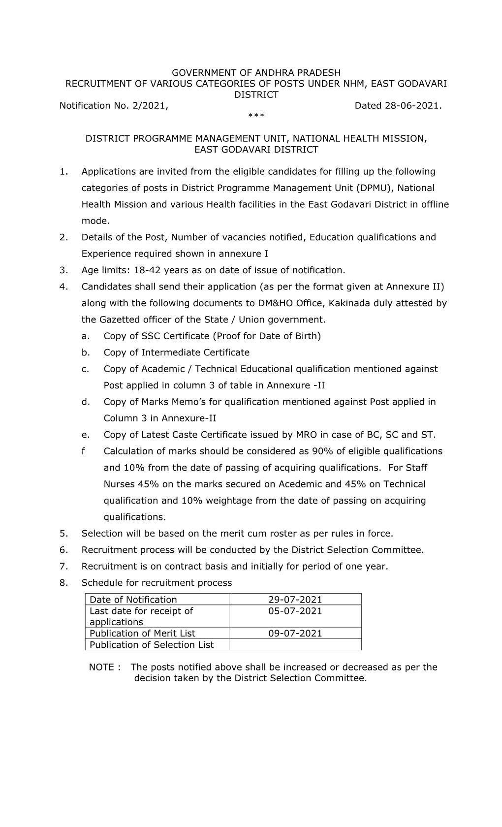 GOVERNMENT of ANDHRA PRADESH RECRUITMENT of VARIOUS CATEGORIES of POSTS UNDER NHM, EAST GODAVARI DISTRICT Notification No