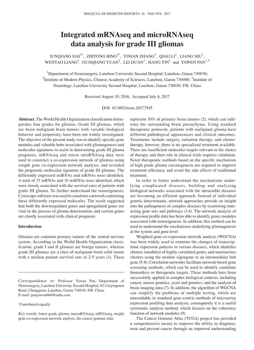 Integrated Mrnaseq and Micrornaseq Data Analysis for Grade III Gliomas