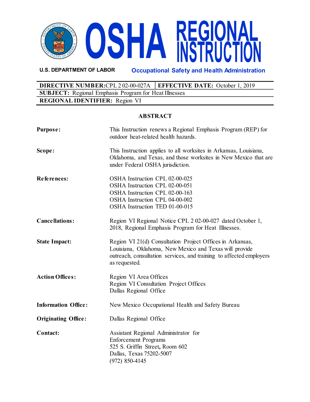 Regional Emphasis Program for Heat Illnesses REGIONAL IDENTIFIER: Region VI